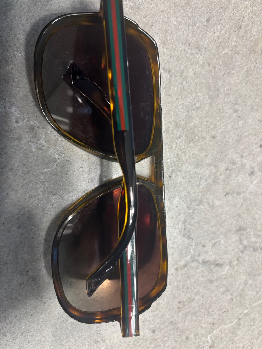 Gucci Tortoiseshell Sunglasses with Brown Lenses and Green-Red Temple Stripe